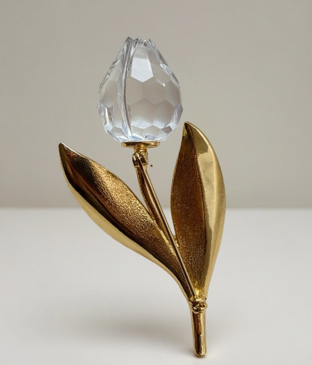 SPILLA VINTAGE SWAROVSKI CON FIORE STILIZZATO CRISTALLO SFACCETTATO E FOGLIE DORATE - ANNI ’80