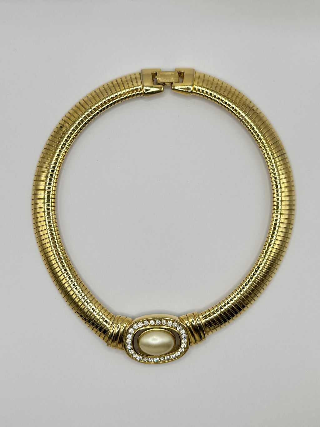 COLLIER VINTAGE TUBOGAS DORATO CON PERLA E CRISTALLI – GIROCOLLO 45 CM