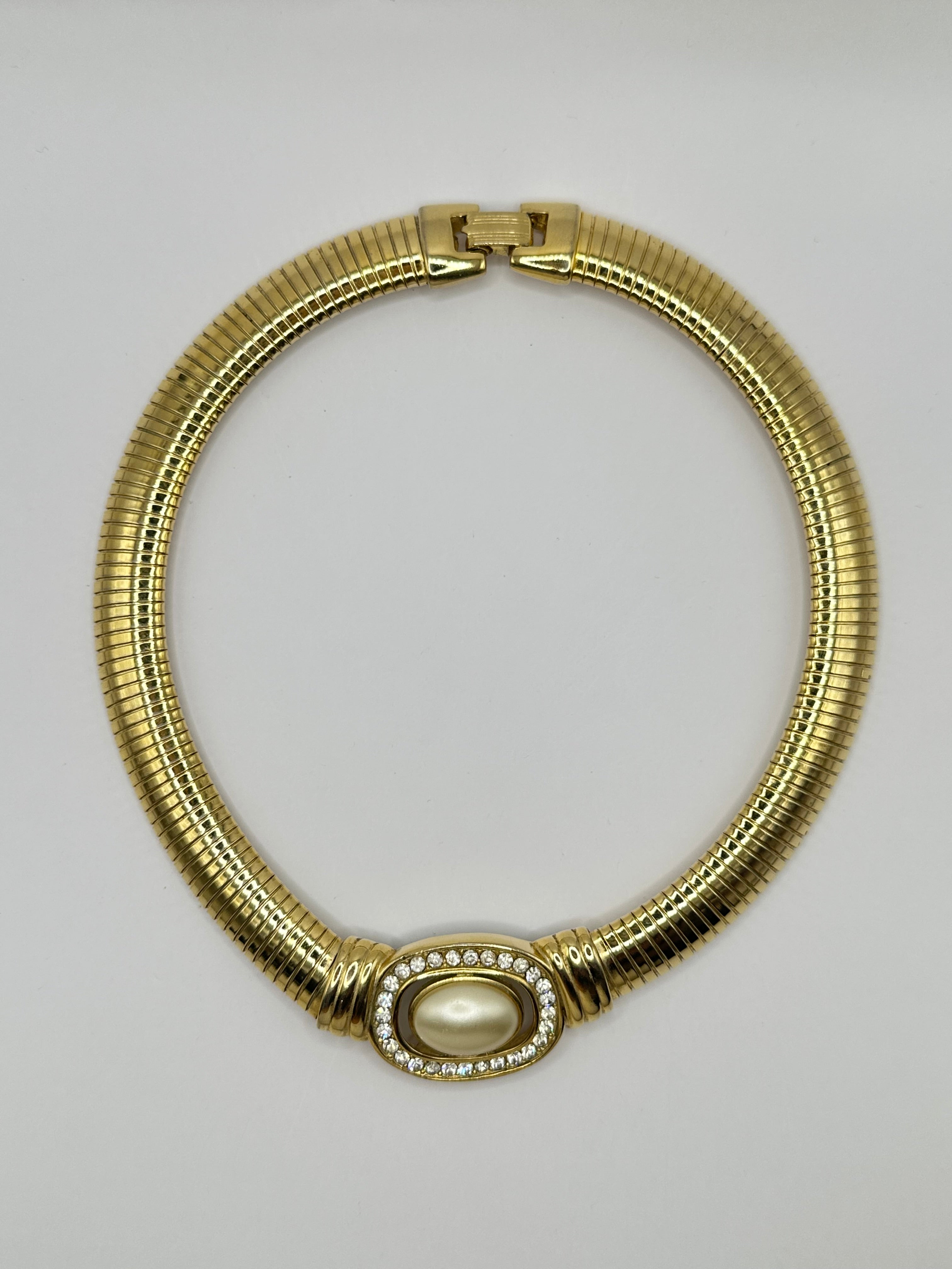 COLLIER VINTAGE TUBOGAS DORATO CON PERLA E CRISTALLI – GIROCOLLO 45 CM