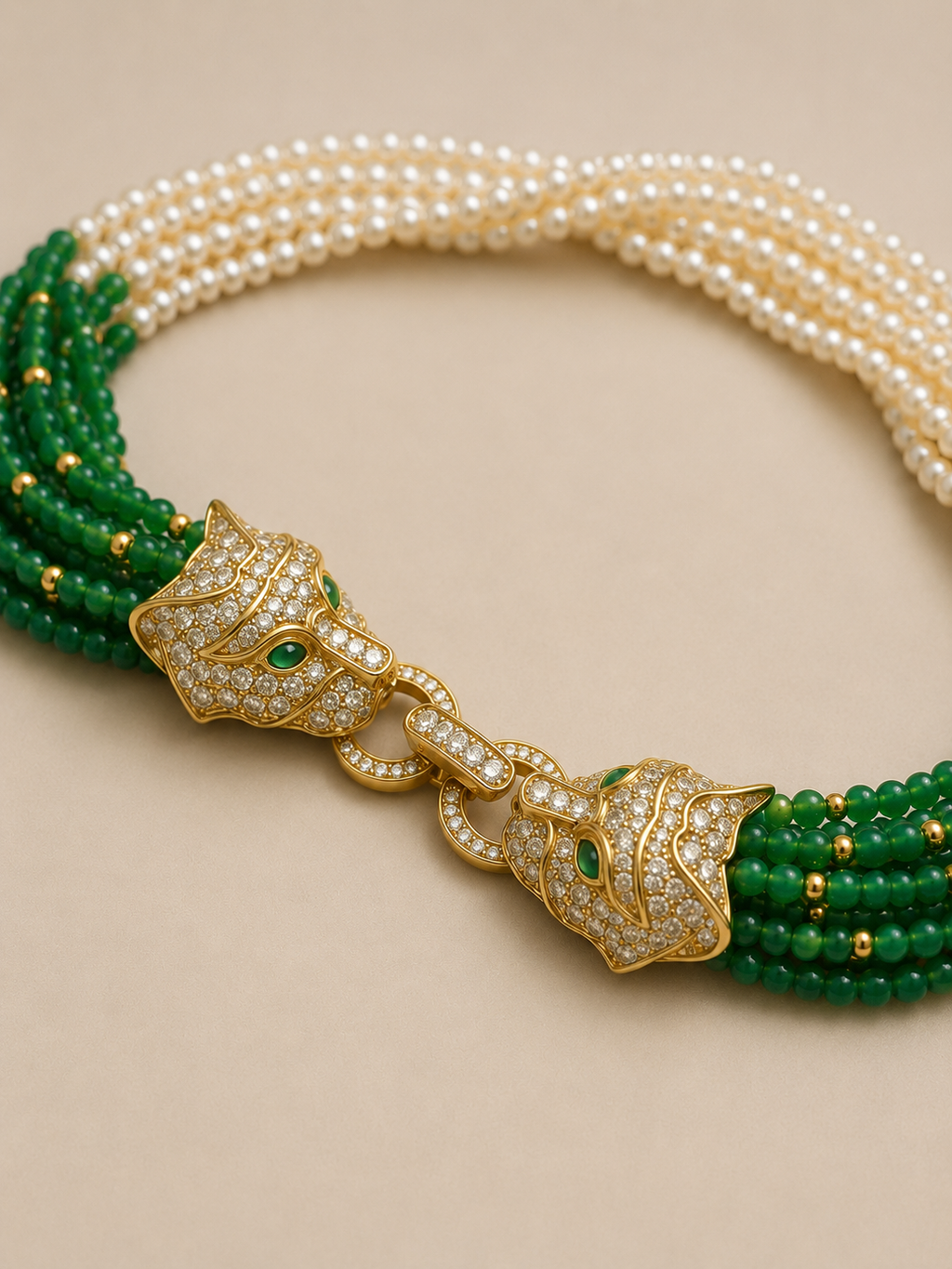 COLLANA VINTAGE MULTIFILO CON PANTERE IN STRASS, PERLE E PERLINE VERDI - ANNI ’80
