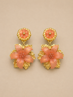 ORECCHINI VINTAGE PENDENTI A CLIP DORATI CON FIORI SALMONE - ANNI ’80