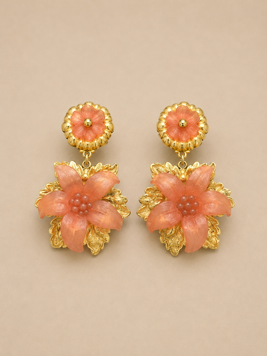 ORECCHINI VINTAGE PENDENTI A CLIP DORATI CON FIORI SALMONE - ANNI ’80