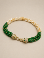 COLLANA VINTAGE MULTIFILO CON PANTERE IN STRASS, PERLE E PERLINE VERDI - ANNI ’80