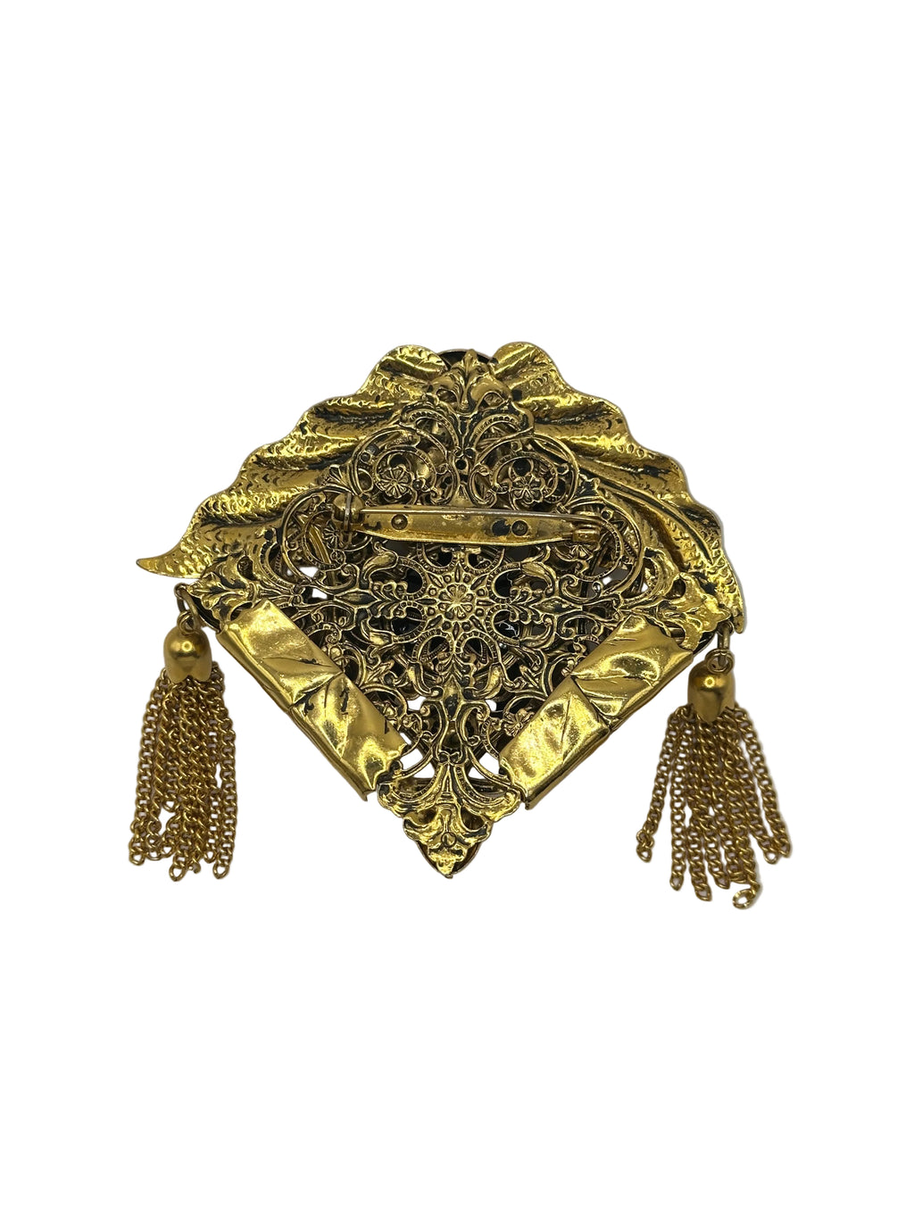 SPILLA VINTAGE “VENTAGLIO BIZANTINO” CON NAPPE E CABOCHON NERO– STATEMENT COUTURE