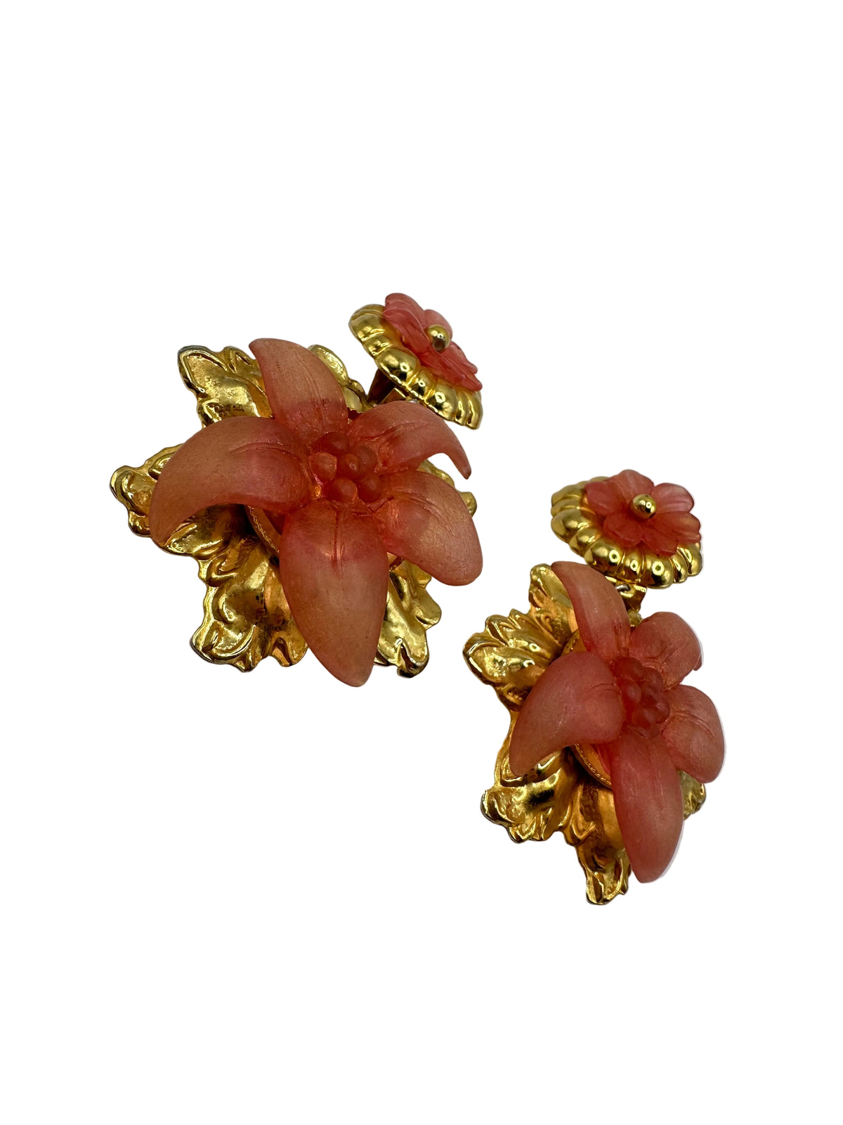 ORECCHINI VINTAGE PENDENTI A CLIP DORATI CON FIORI SALMONE - ANNI ’80