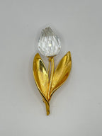 SPILLA VINTAGE SWAROVSKI CON FIORE STILIZZATO CRISTALLO SFACCETTATO E FOGLIE DORATE - ANNI ’80