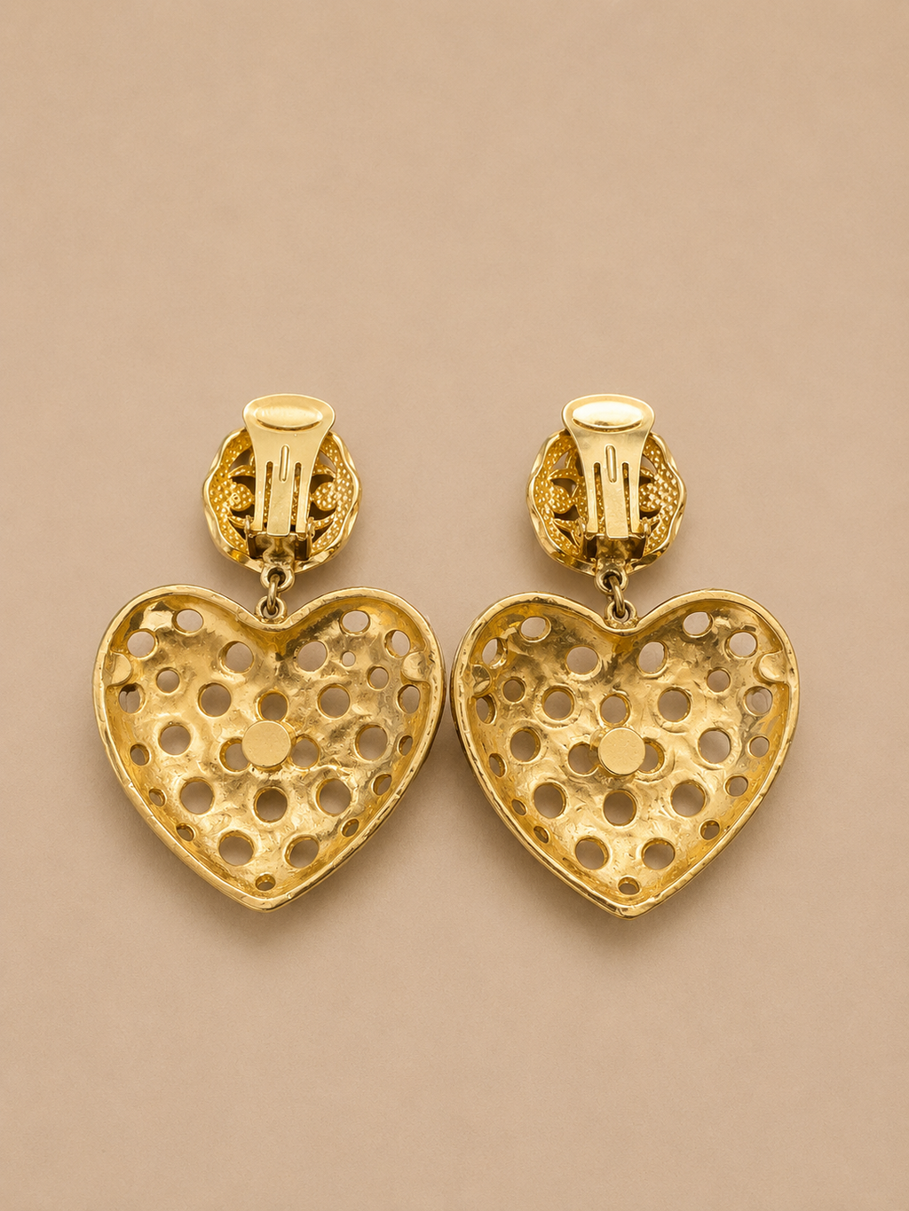 ORECCHINI VINTAGE PENDENTI A CLIP A CUORE CON CABOCHON BLU IRIDESCENTI E STRASS - ANNI ’90