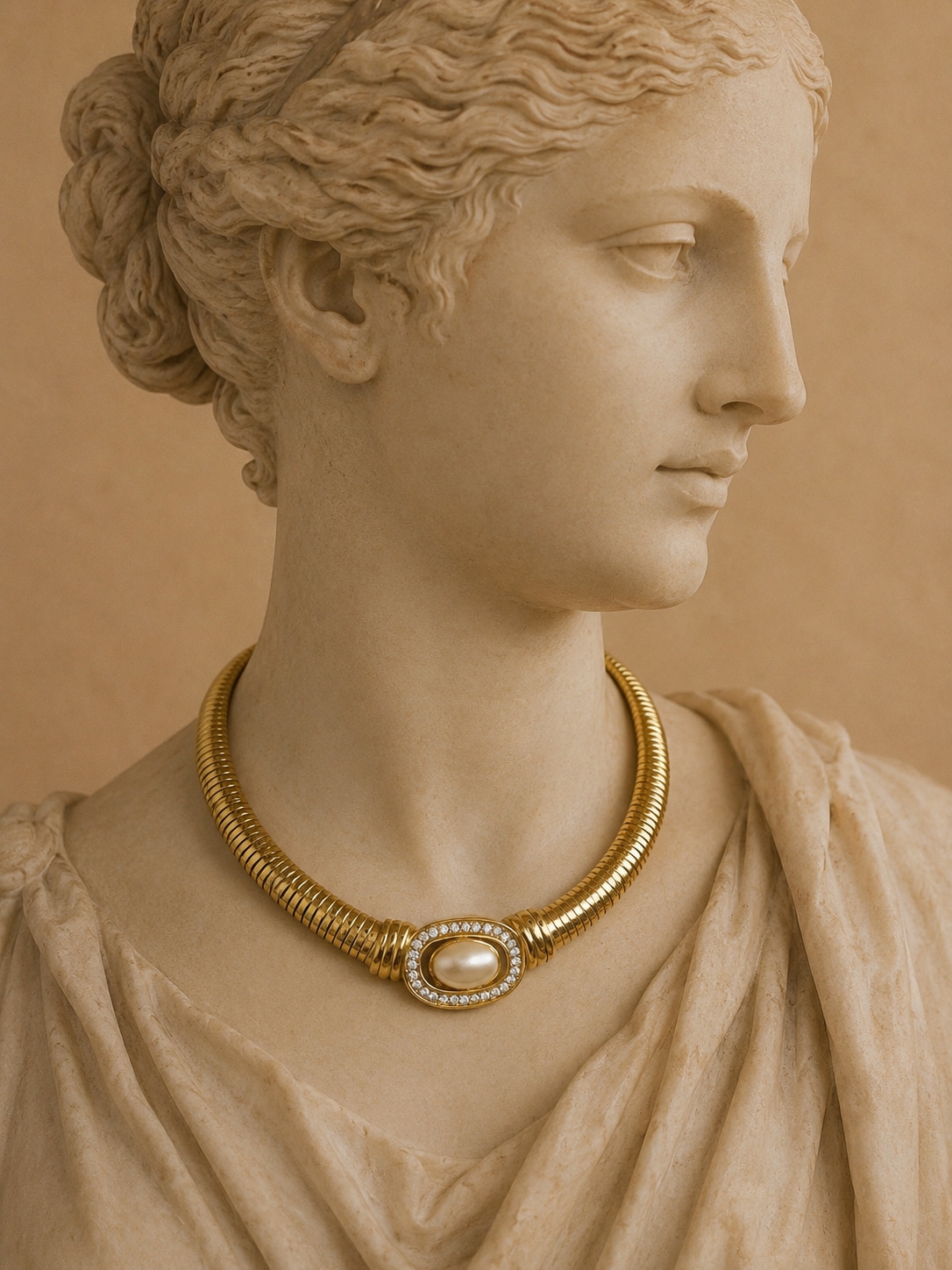 COLLIER VINTAGE TUBOGAS DORATO CON PERLA E CRISTALLI – GIROCOLLO 45 CM