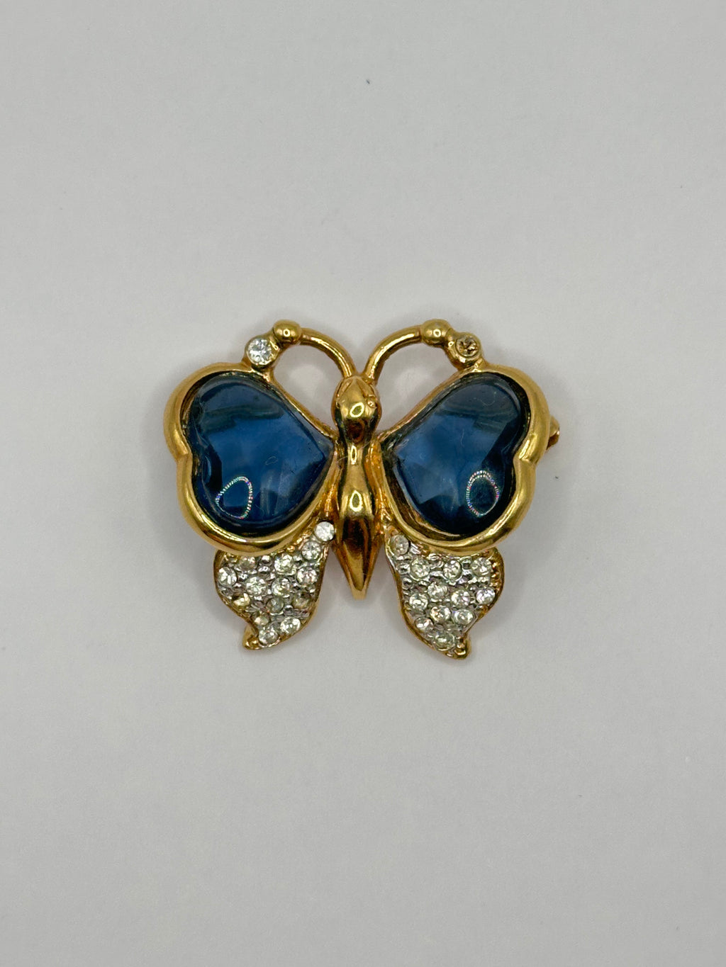 SPILLA VINTAGE “FARFALLA ZAFFIRO” CON CRISTALLI BLU E STRASS -ANNI 80