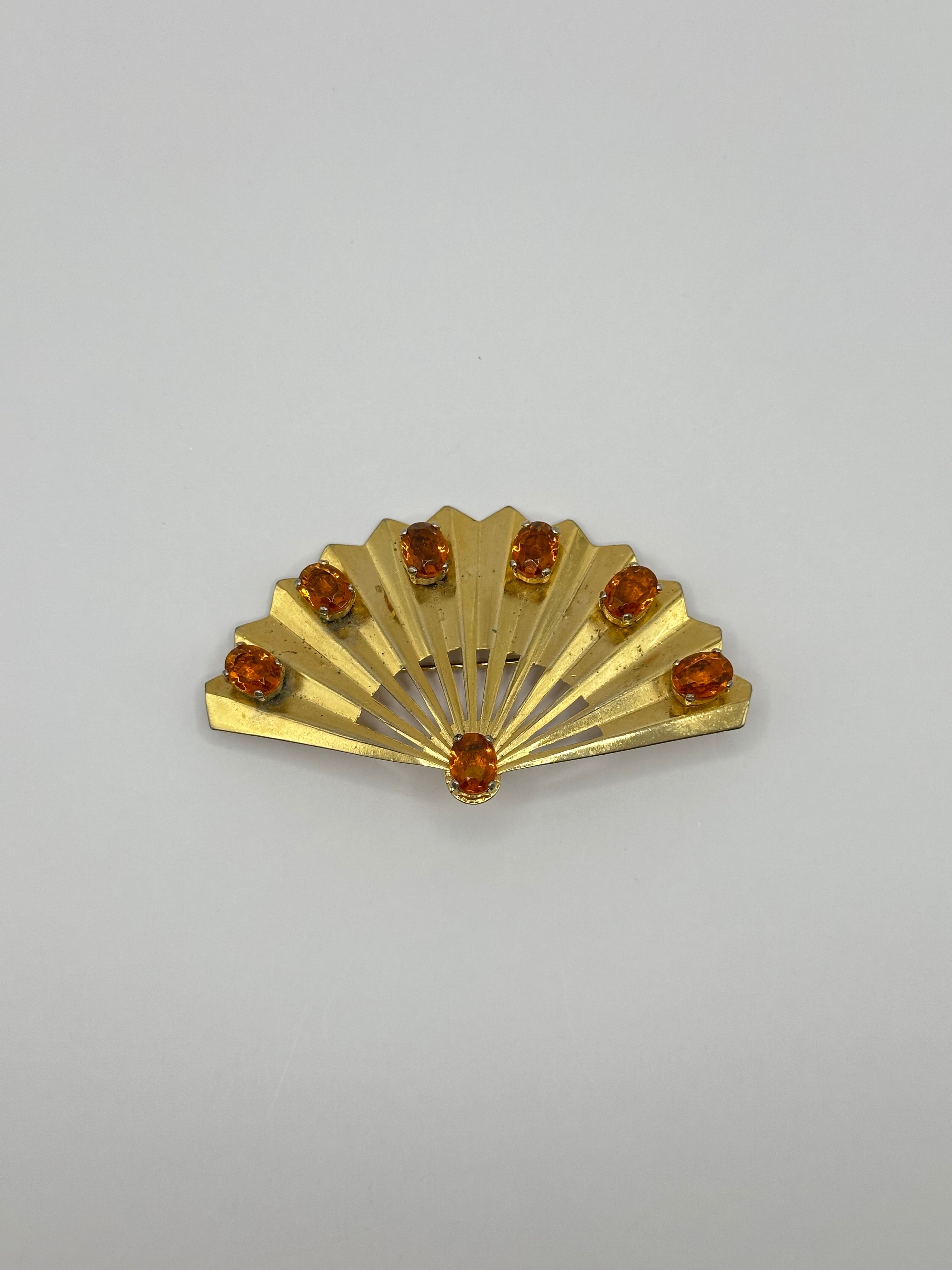 SPILLA VINTAGE “VENTAGLIO D'AMBRA” CON CRISTALLI COLOR AMBRA– ANNI 70
