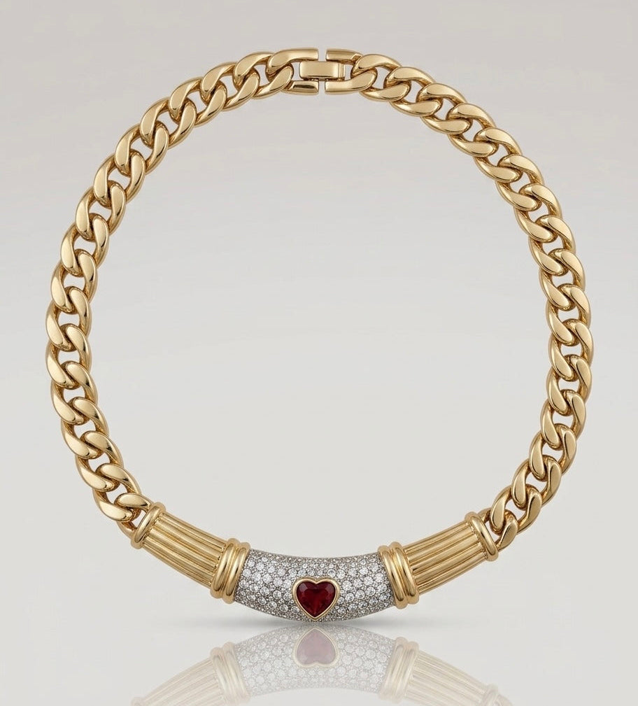 COLLANA VINTAGE VOGUE ORO CON PENDENTE CUORE ROSSO E PAVÉ DI STRASS - ANNI ’80