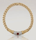 COLLANA VINTAGE VOGUE ORO CON PENDENTE CUORE ROSSO E PAVÉ DI STRASS - ANNI ’80