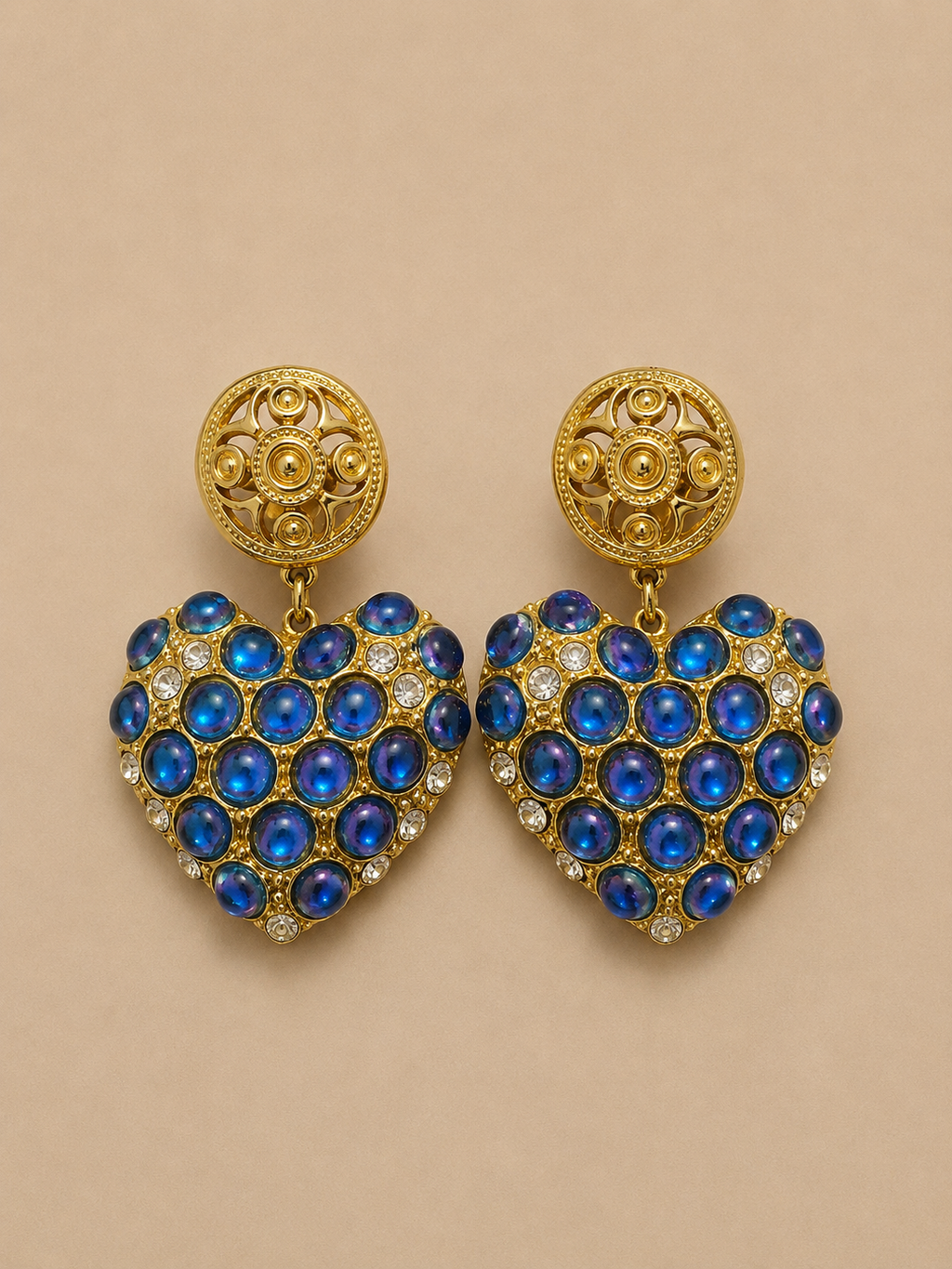 ORECCHINI VINTAGE PENDENTI A CLIP A CUORE CON CABOCHON BLU IRIDESCENTI E STRASS - ANNI ’90