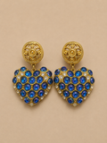 ORECCHINI VINTAGE PENDENTI A CLIP A CUORE CON CABOCHON BLU IRIDESCENTI E STRASS - ANNI ’90