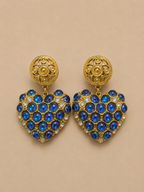ORECCHINI VINTAGE PENDENTI A CLIP A CUORE CON CABOCHON BLU IRIDESCENTI E STRASS - ANNI ’90