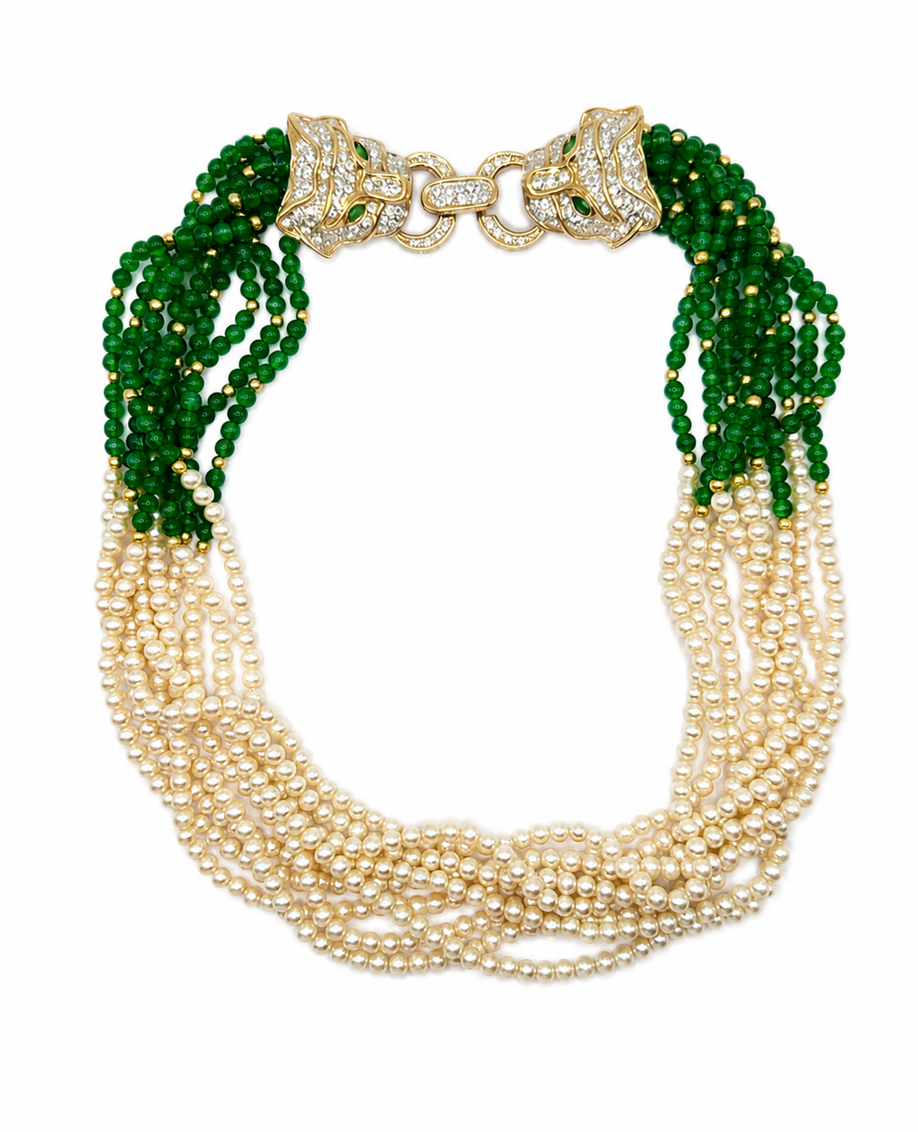 COLLANA VINTAGE MULTIFILO CON PANTERE IN STRASS, PERLE E PERLINE VERDI - ANNI ’80