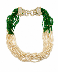 COLLANA VINTAGE MULTIFILO CON PANTERE IN STRASS, PERLE E PERLINE VERDI - ANNI ’80