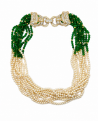 COLLANA VINTAGE MULTIFILO CON PANTERE IN STRASS, PERLE E PERLINE VERDI - ANNI ’80