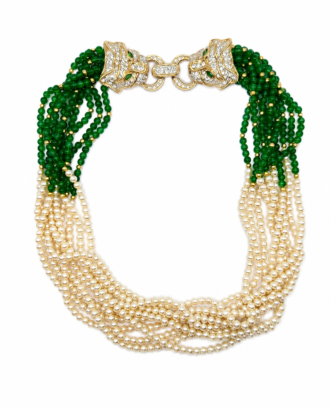 COLLANA VINTAGE MULTIFILO CON PANTERE IN STRASS, PERLE E PERLINE VERDI - ANNI ’80