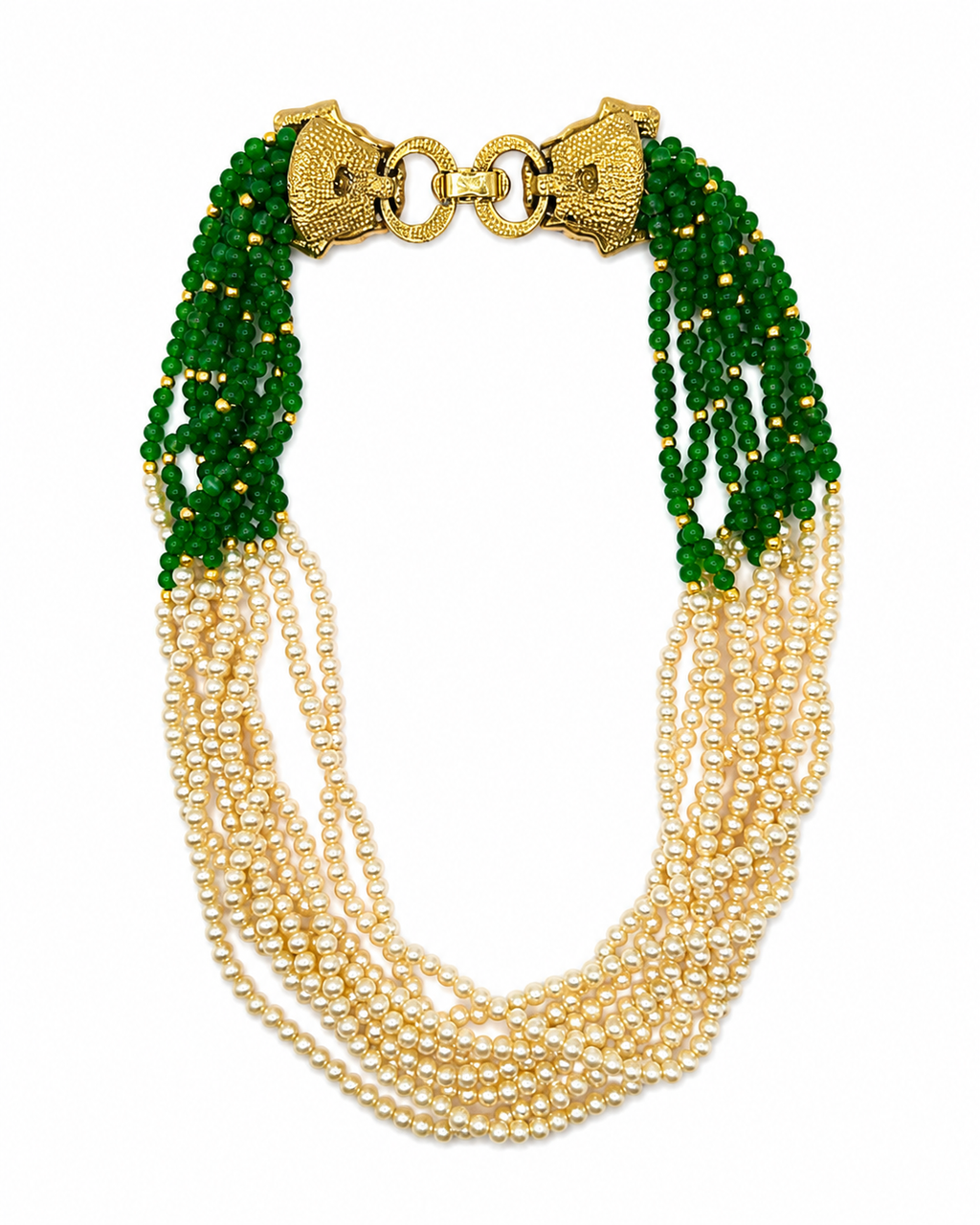 COLLANA VINTAGE MULTIFILO CON PANTERE IN STRASS, PERLE E PERLINE VERDI - ANNI ’80